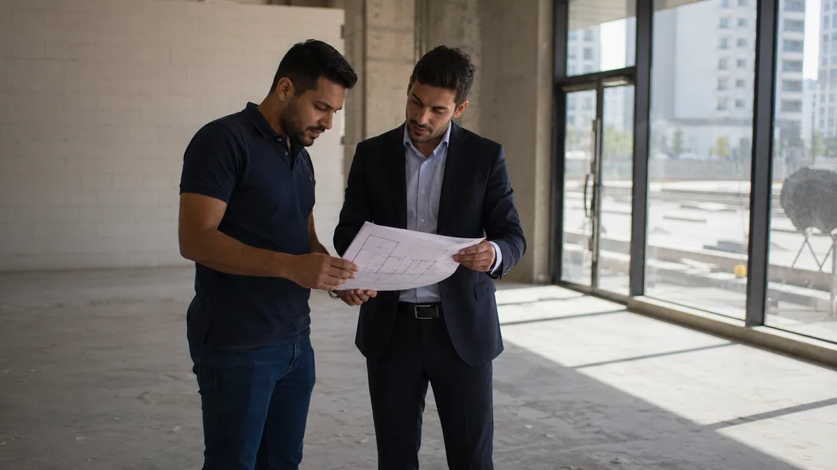 A business owner and a commercial agent reviewing a floor plan inside an empty Dubai retail shop unit