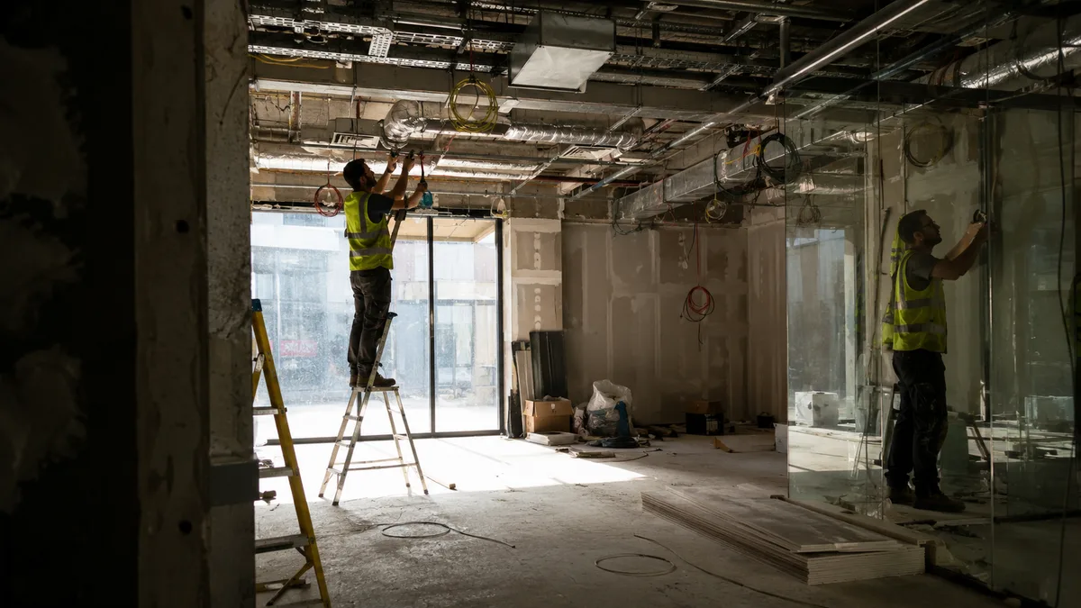 Workers fitting out a shell and core retail shop unit in Dubai, installing ceiling lighting and partitions