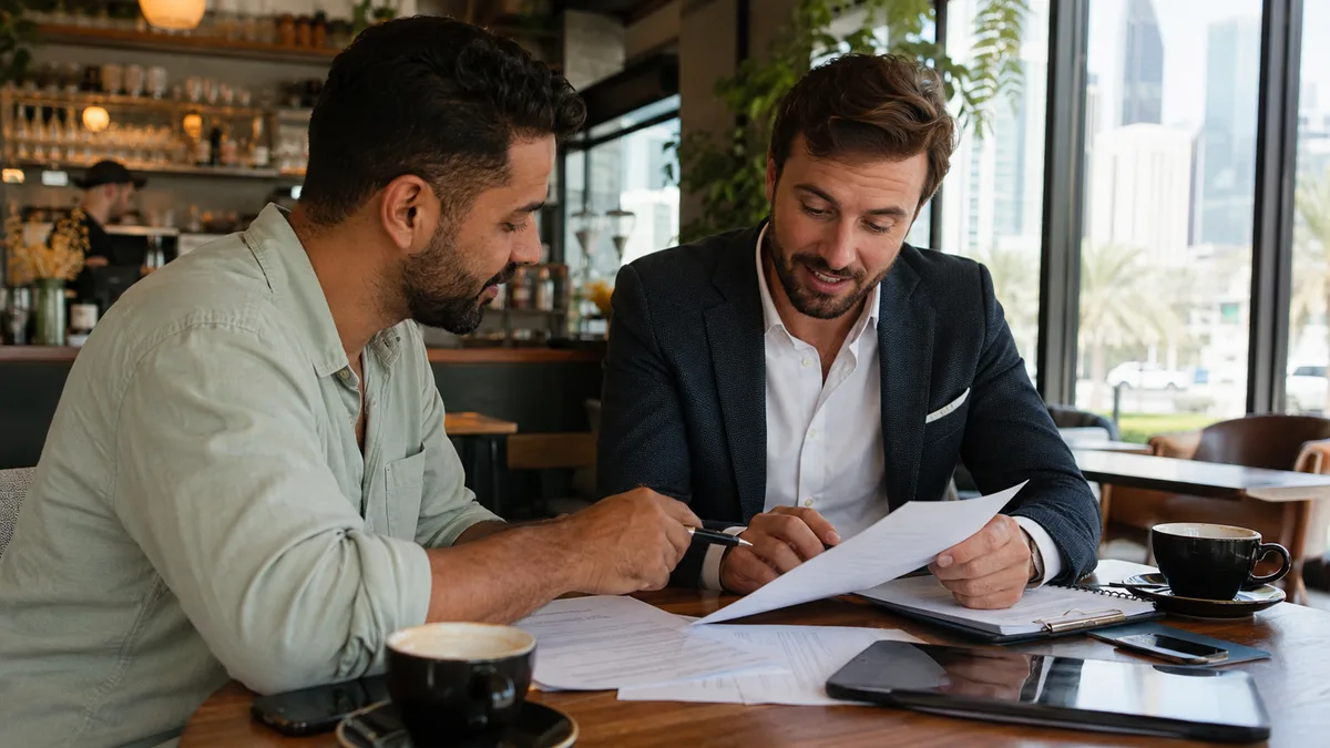 A business owner and a commercial real estate agent reviewing a retail shop tenancy contract together at a table in Dubai