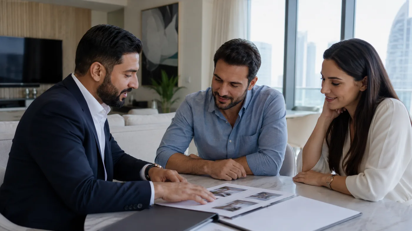 A couple reviewing property documents with a Dubai real estate advisor before making an offer on a distressed property