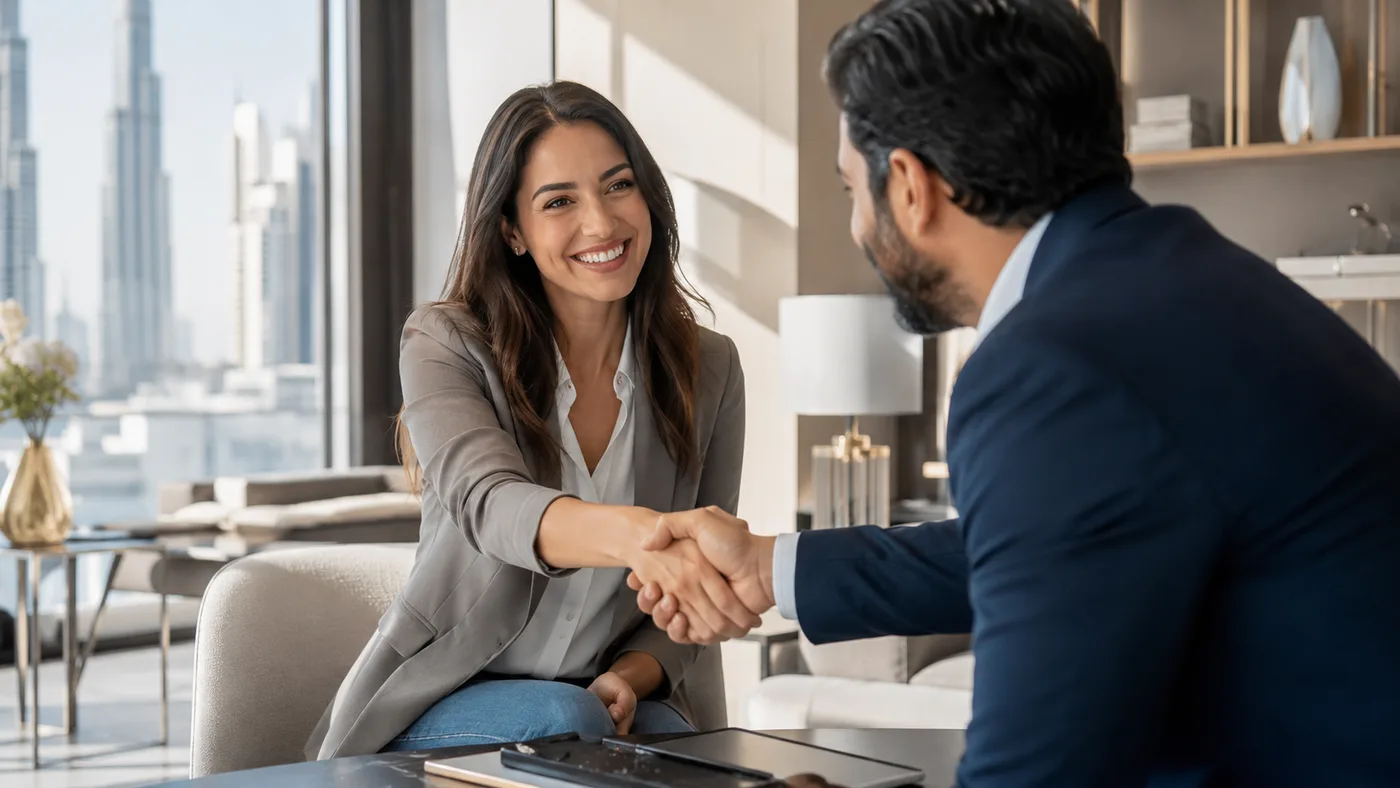 Property agent and buyer shaking hands after agreeing a genuine below-market deal in Dubai