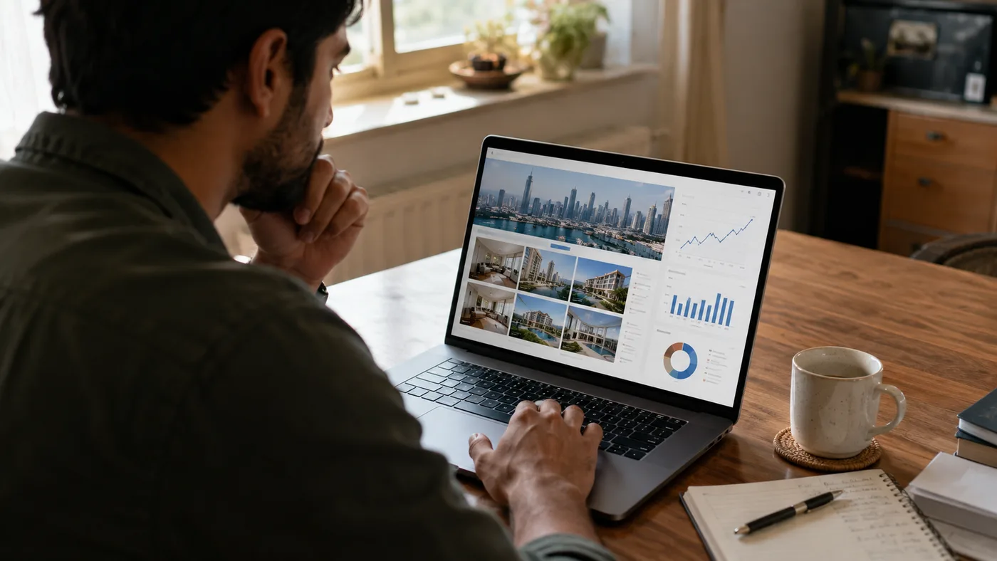 Buyer comparing Dubai property prices and DLD transactions on a laptop to verify a below-market deal