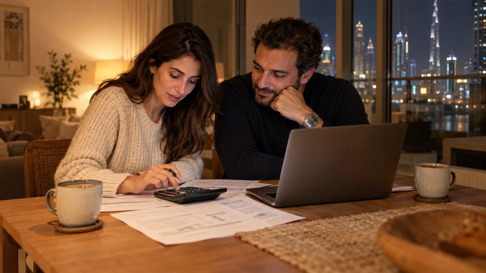 Couple checking the purchase fees and budget for a Dubai home at their kitchen table