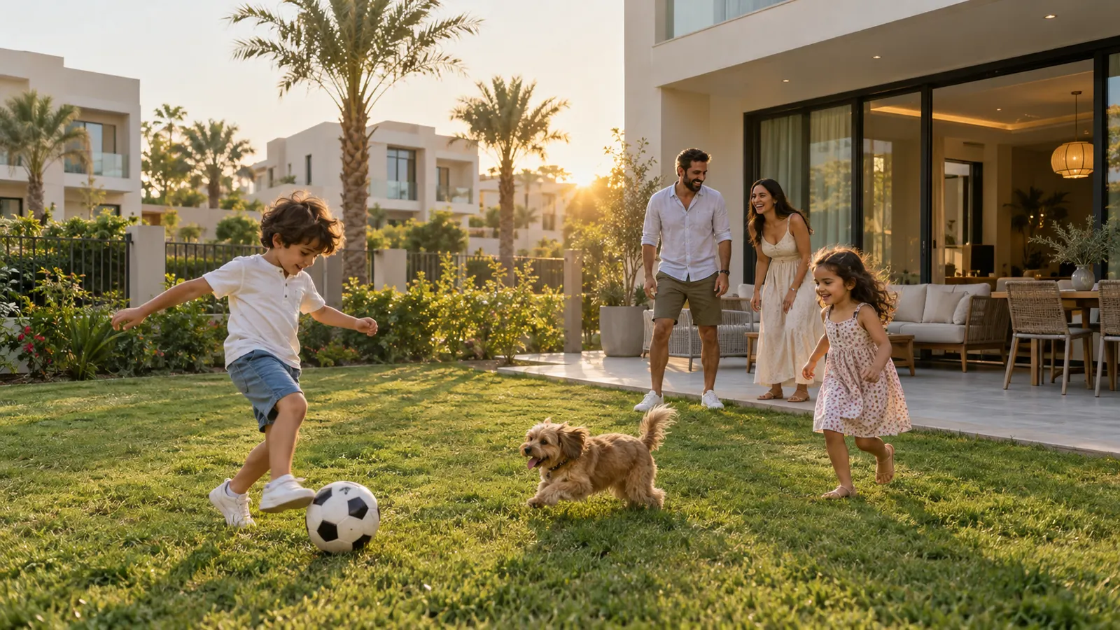 Family playing in the garden of a townhouse in a Dubai villa community