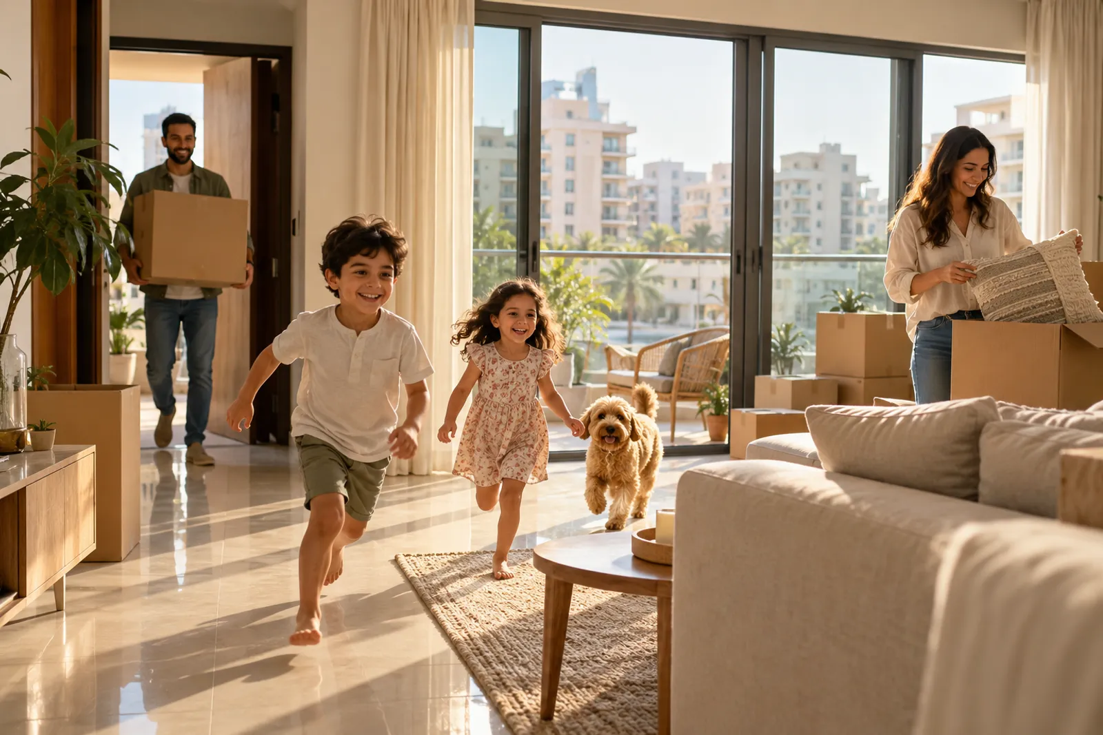 Family moving into a rented apartment in Dubai after registering Ejari