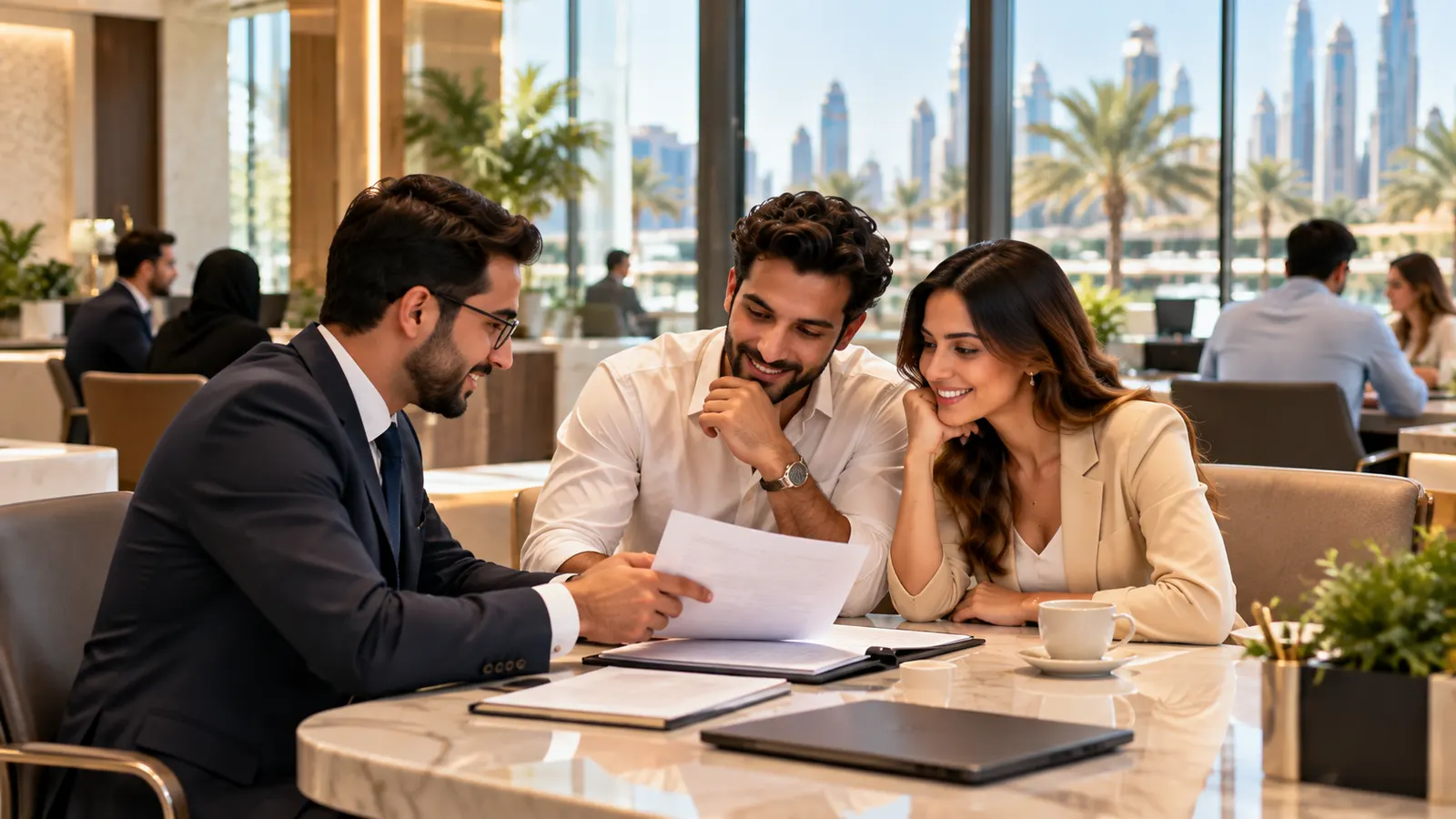 Couple meeting a mortgage adviser at a bank in Dubai to check their salary and eligibility