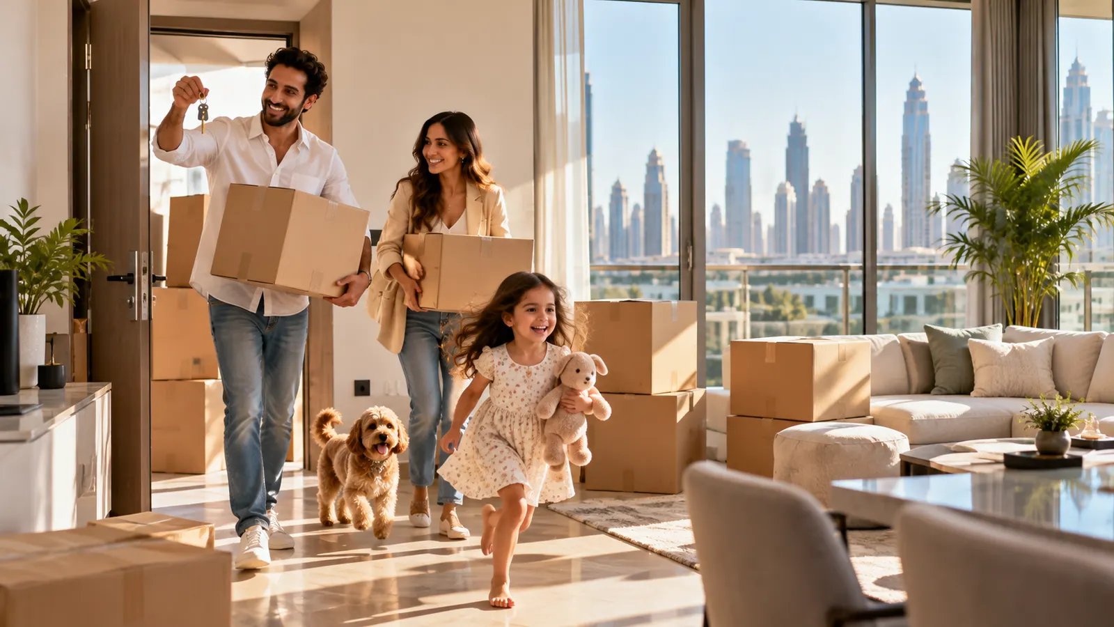 Family moving into their new Dubai apartment bought with a mortgage, carrying boxes with the keys