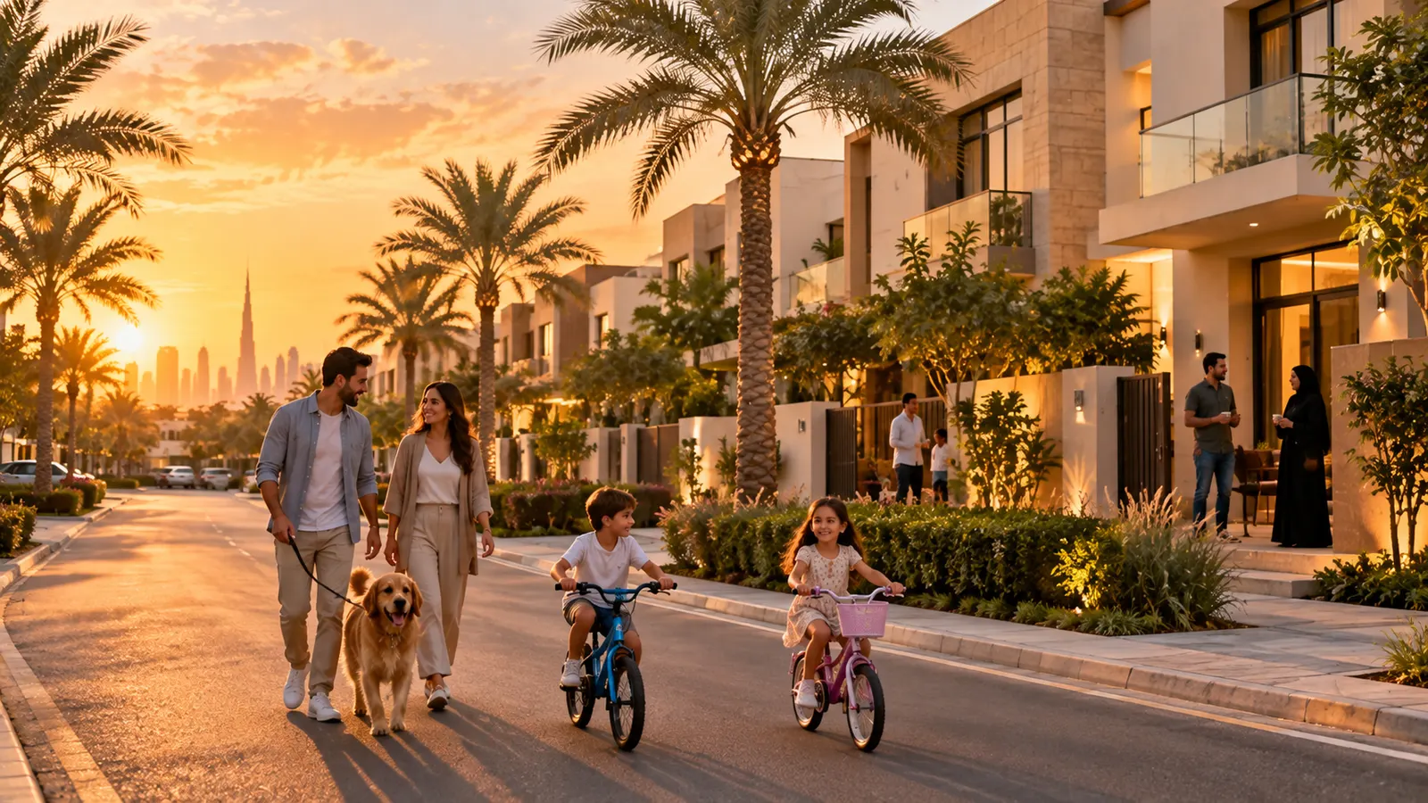 Family walking their dog and children cycling in a Dubai townhouse community at sunset
