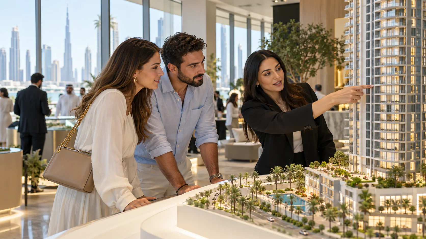 Couple looking at a tower model with a sales advisor at a Dubai developer's sales gallery before buying off plan