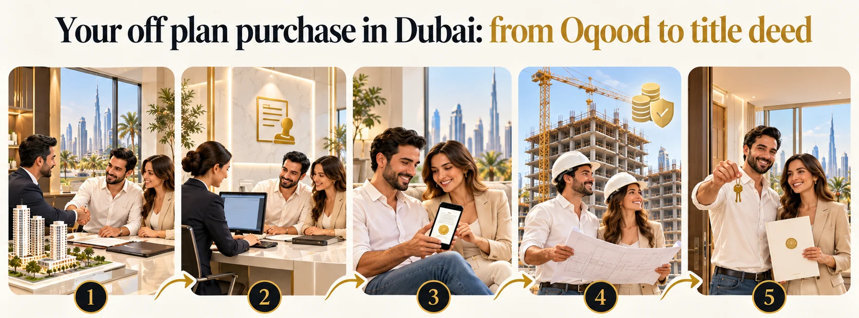 Off plan purchase in Dubai in five steps: signing with the developer, Oqood registration, the Oqood certificate, paying as it is built and handover with the title deed