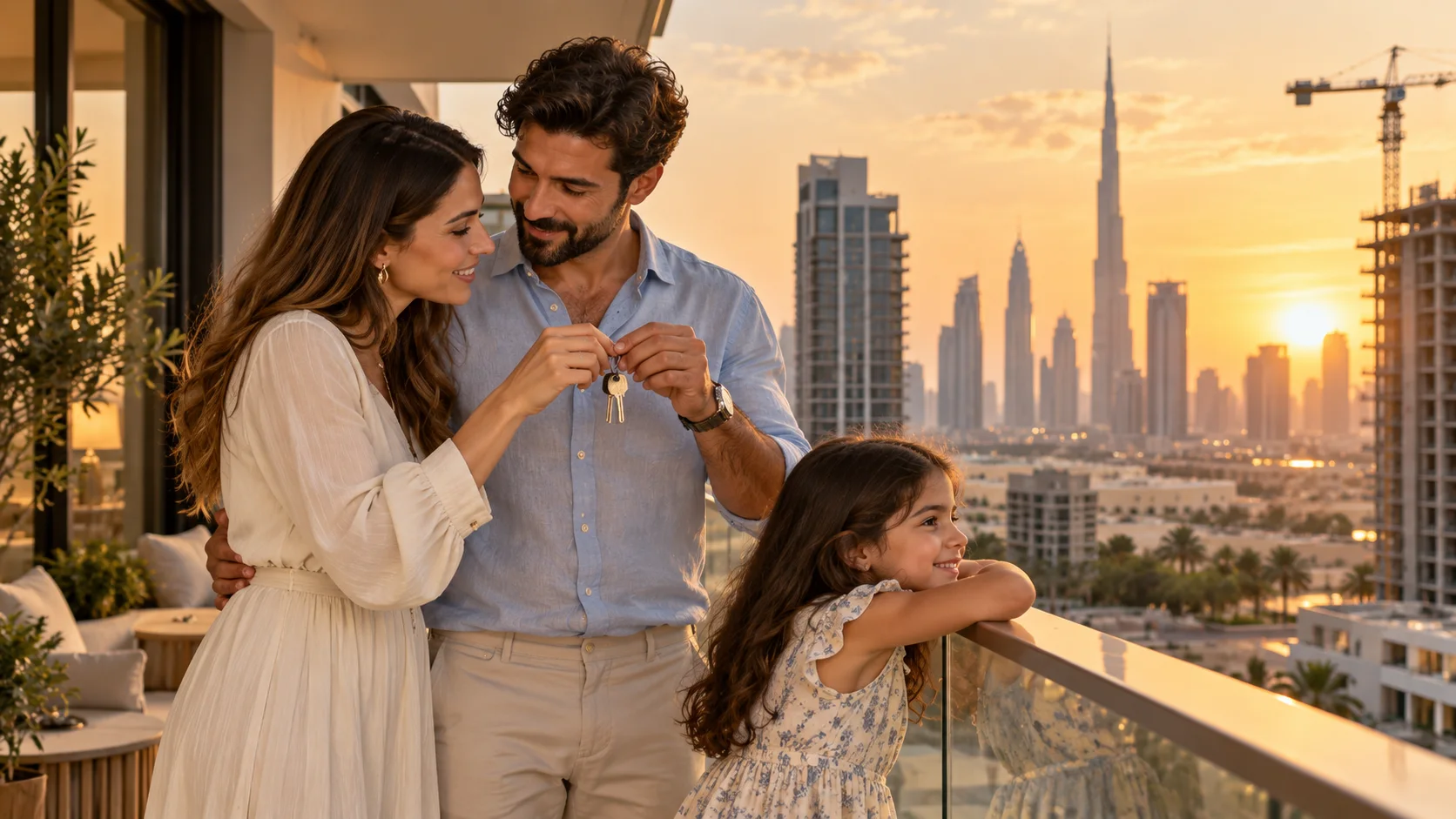 Family on the balcony of their new Dubai apartment holding the keys at handover, when the Oqood becomes a title deed