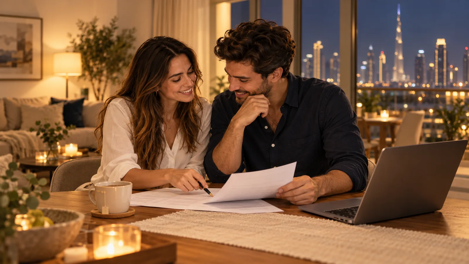Couple reading a rent to own contract together at home before signing