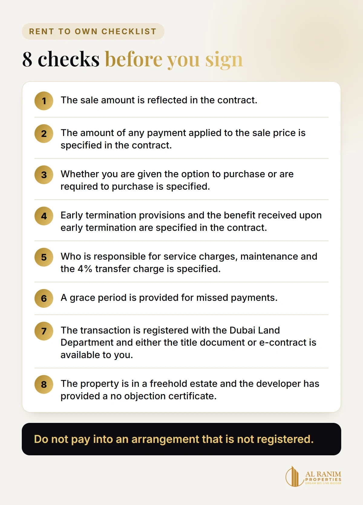 Rent to own checklist: 8 checks before you sign a rent to own contract in Dubai
