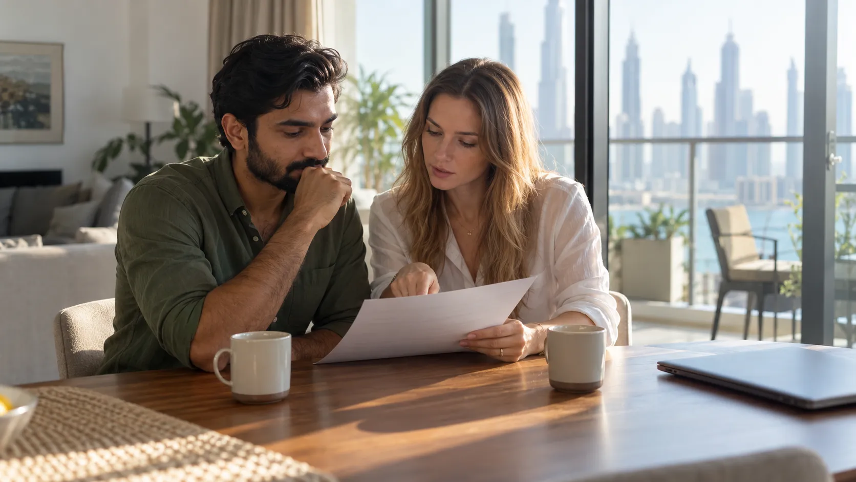 Tenant couple reading a rent increase notice from their landlord at home in Dubai