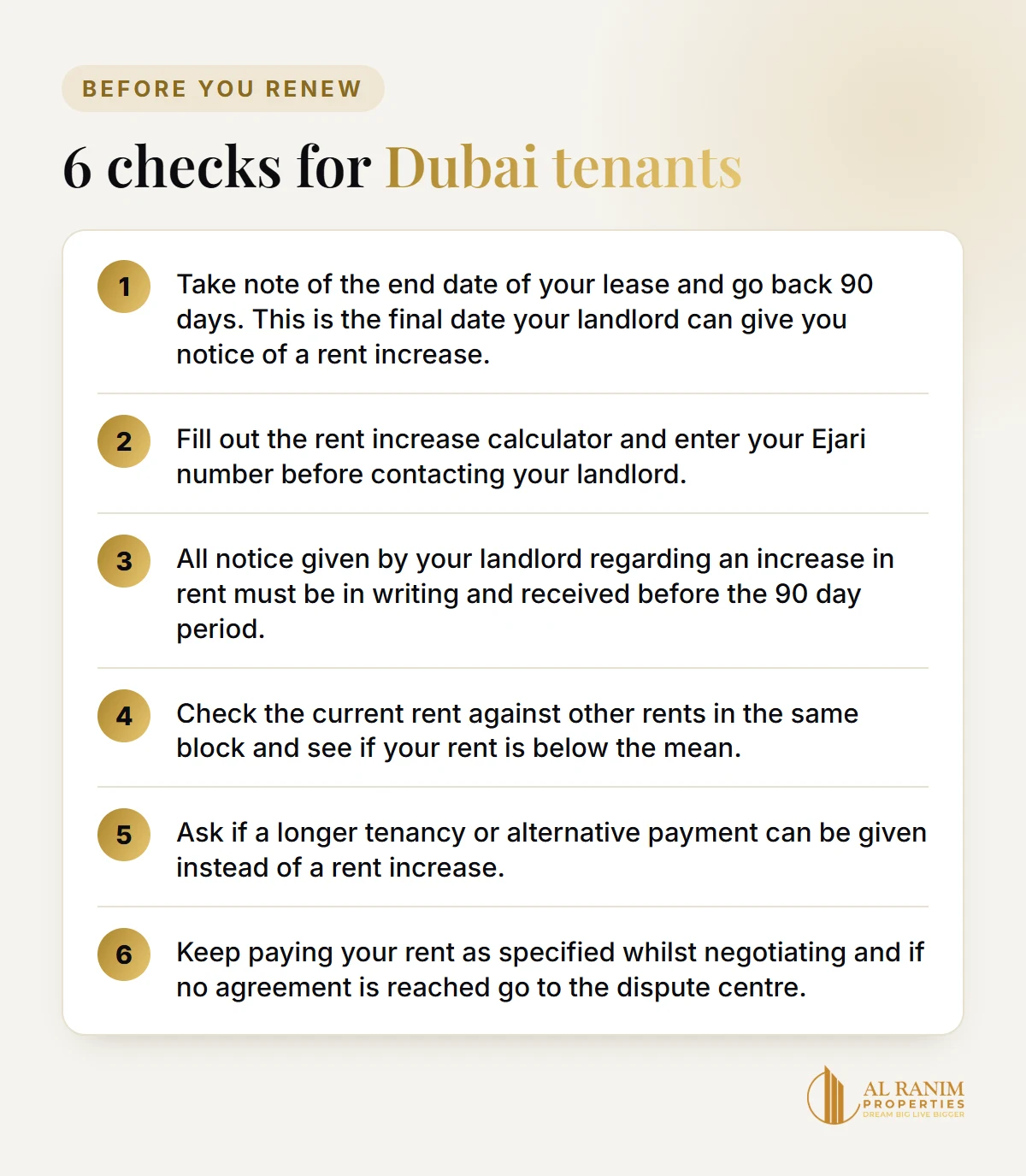 Six checks for tenants before renewing a lease in Dubai: notice date, rental index calculator, written notice, building rents, payment options and the dispute centre