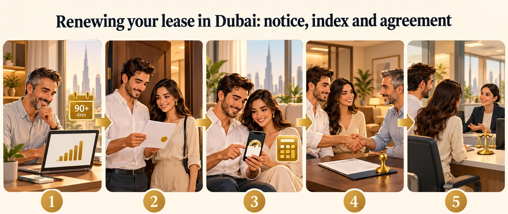 Renewing a lease in Dubai in five steps: the landlord checks the rental index, sends written notice, the tenant checks the calculator, both sides renew on Ejari or go to the Rental Dispute Settlement Centre