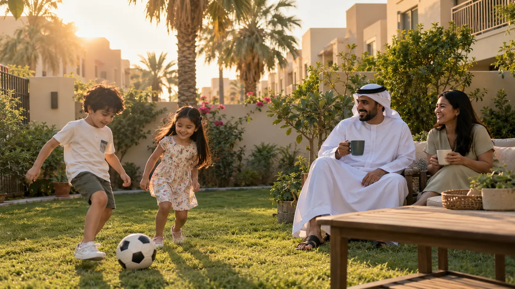 Family relaxing in the garden of their rented townhouse in Dubai