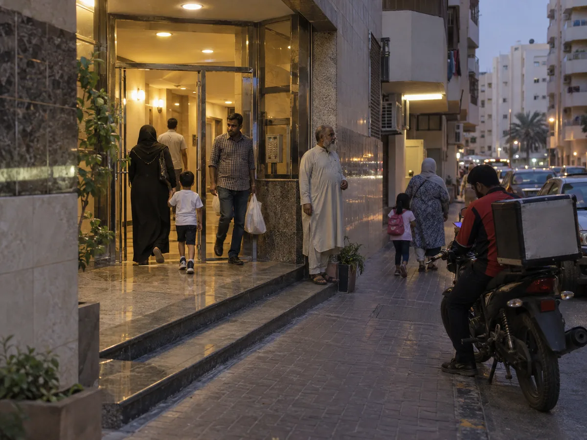 Residents coming and going from a residential building entrance in Deira, Dubai, in the early evening