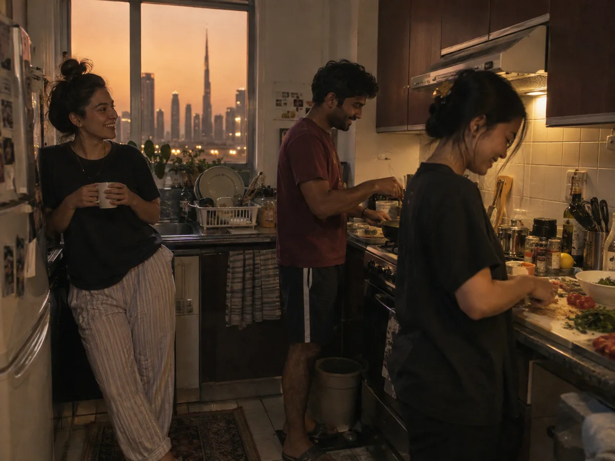 Three flatmates cooking together in the kitchen of a shared apartment in Dubai