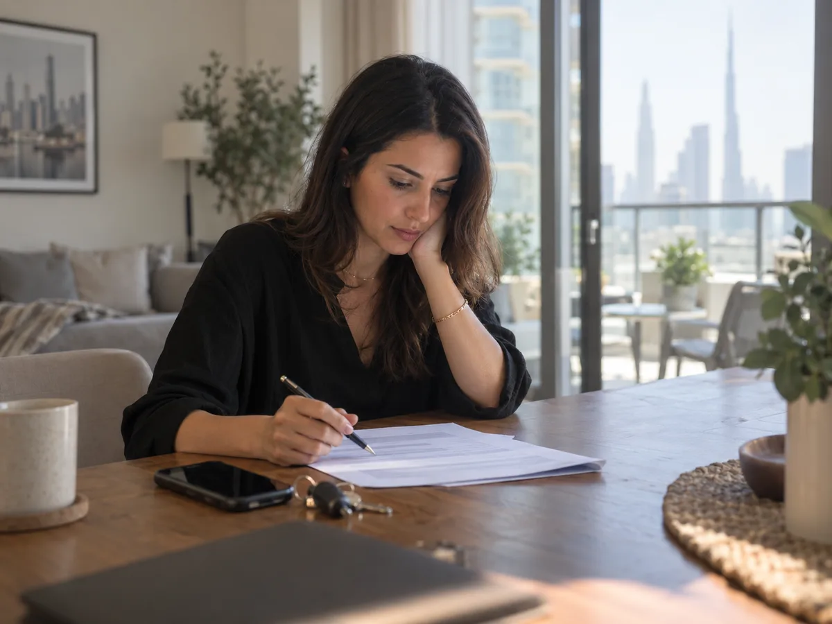A tenant reading a tenancy contract at a table in a Dubai apartment, keys and phone beside her