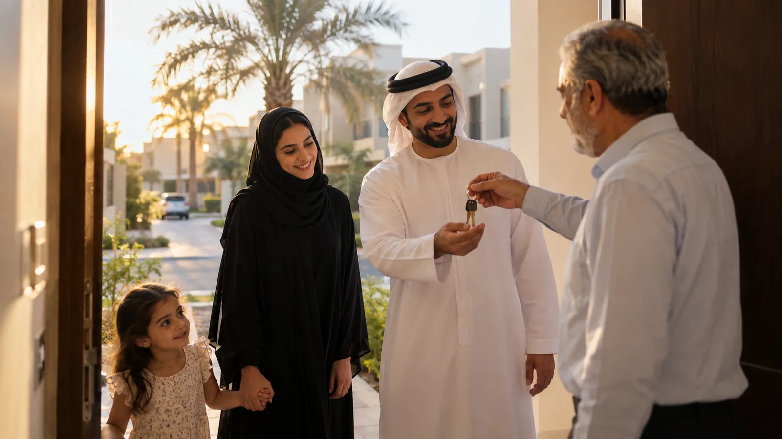 New owners receiving the keys after the title deed transfer in Dubai
