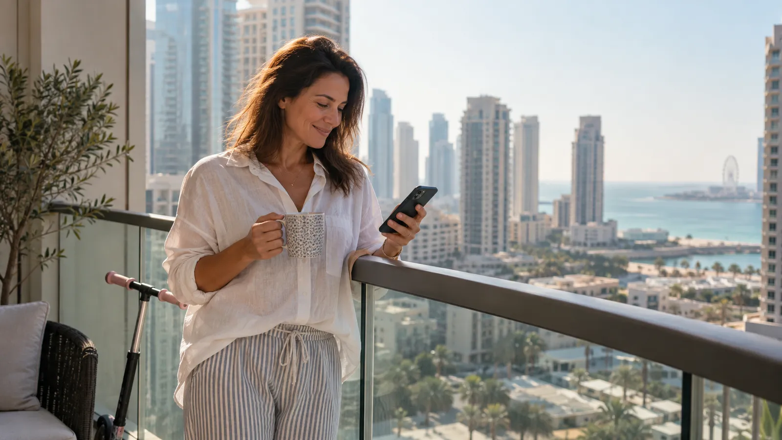 Owner checking an electronic title deed on a phone on a Dubai balcony